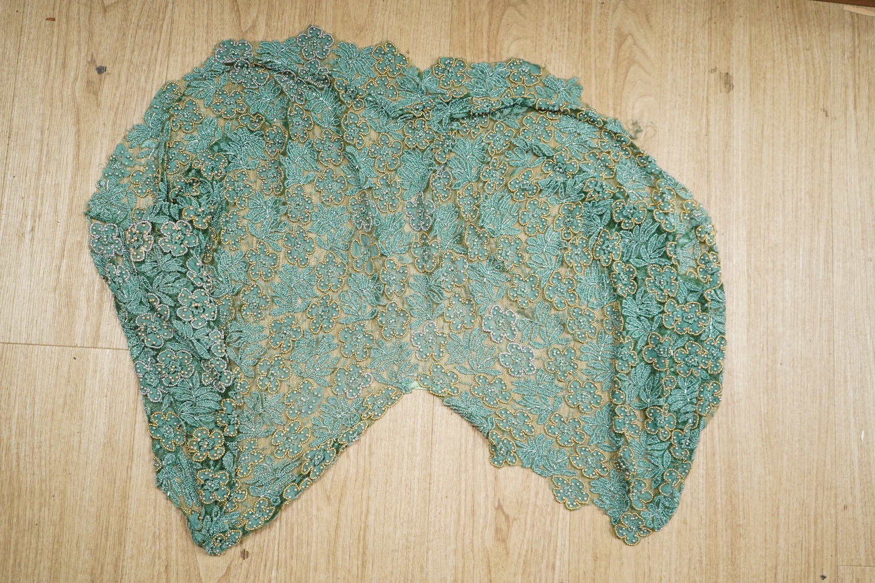 A beaded jacket, beadwork length and 1960's scarf